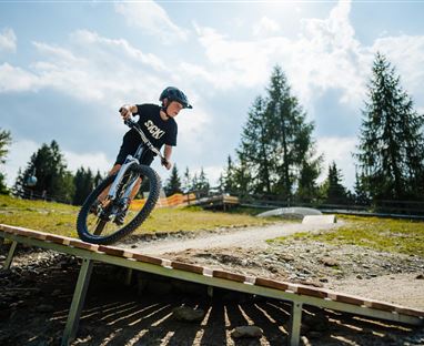 Ein Junge fährt mit seinem Mountainbike über eine Rampe. Im Hintergrund sieht man Bäume und einen klaren Himmel.