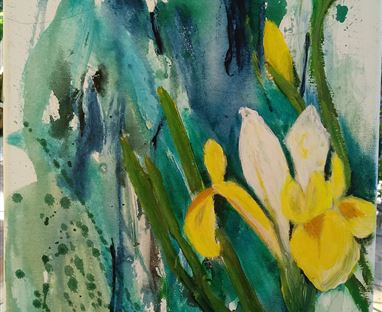 A colorful watercolor painting featuring yellow and white flowers against a background of blue and green tones. The vibrant colors convey a fresh and cheerful impression.