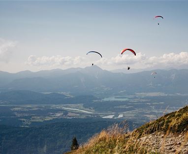 Drei Gleitschirmflieger schweben über einer malerischen Landschaft mit Bergen und Tälern. Der Himmel ist klar und die Aussicht ist beeindruckend.