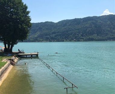 Ein ruhiger See mit klarem, blauem Wasser und sanften Hügeln im Hintergrund. Am Ufer sind Bäume und eine kleine Badestelle zu sehen.