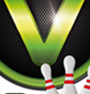 Ein Logo mit einem großen, grünen "V" auf schwarzem Hintergrund. Darunter sind drei Bowlingkegel abgebildet.