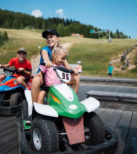I bambini guidano i go-kart su una pista di legno nella natura. Sullo sfondo si vedono colline verdi e alberi.