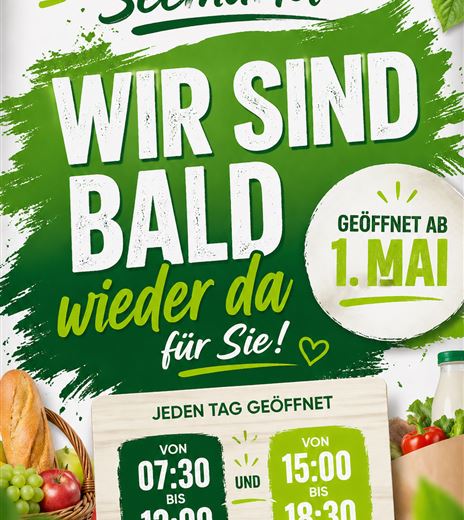 Un poster pubblicitario per il mercato del pesce, che annuncia la riapertura il 1° maggio. Contiene informazioni sugli orari di apertura e mostra prodotti freschi.