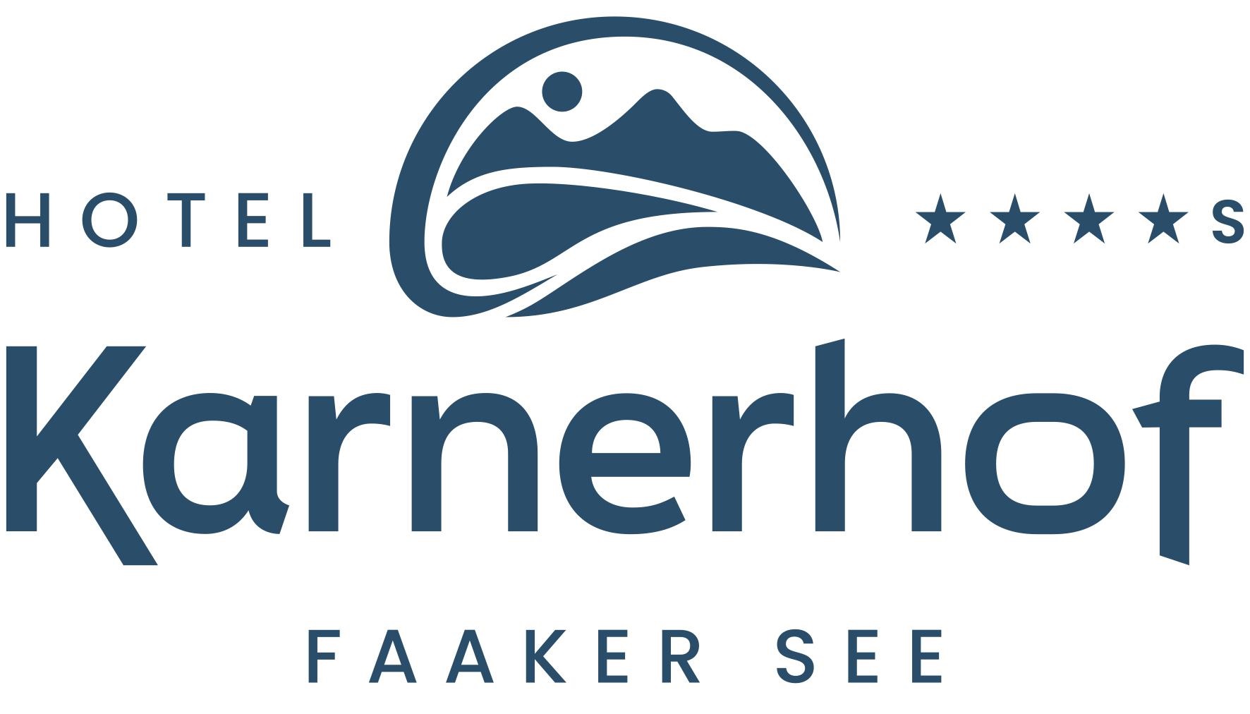 Ein Logo des Hotels Karnerhof am Faaker See. Es zeigt stilisierte Berge und Wasser sowie den Schriftzug des Hotels.