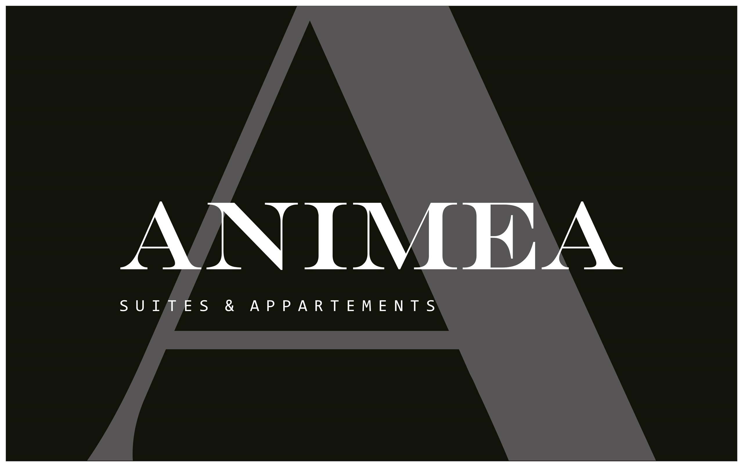 Ein schlichtes und elegantes Logo für "ANIMEA". Es zeigt die Schriftzüge "SUITES & APPARTEMENTS" auf einem schwarzen Hintergrund.