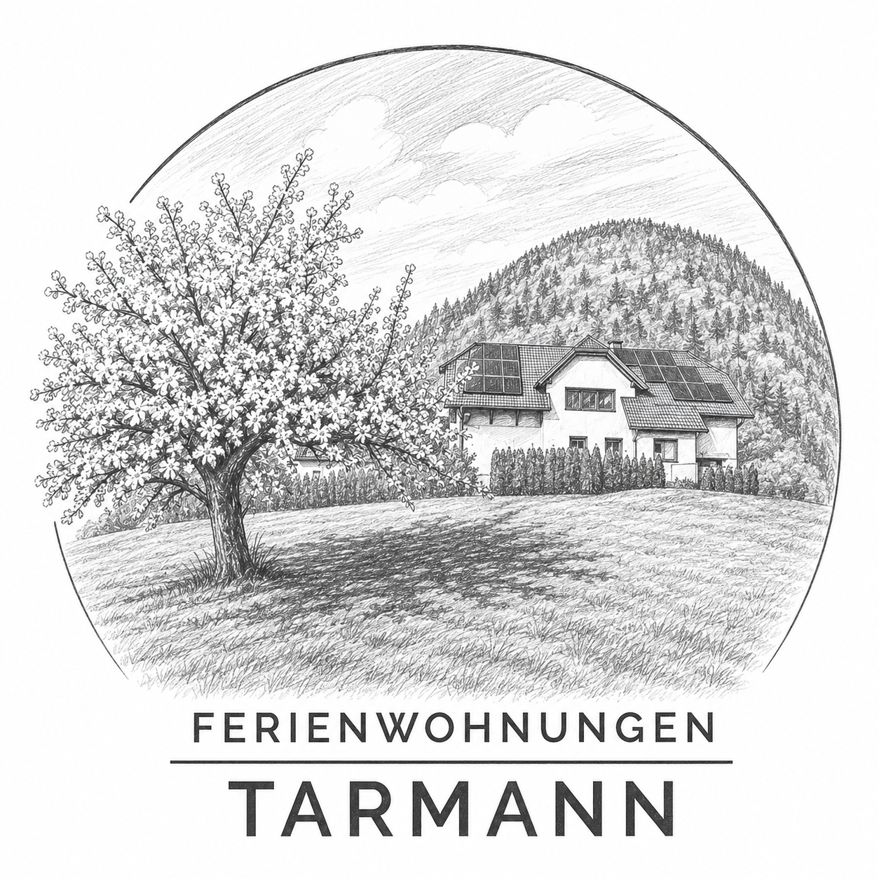 Ein einladendes Ferienhaus umgeben von einer blühenden Apfelblüte und sanften Hügeln. Das Bild strahlt Ruhe und Naturverbundenheit aus.