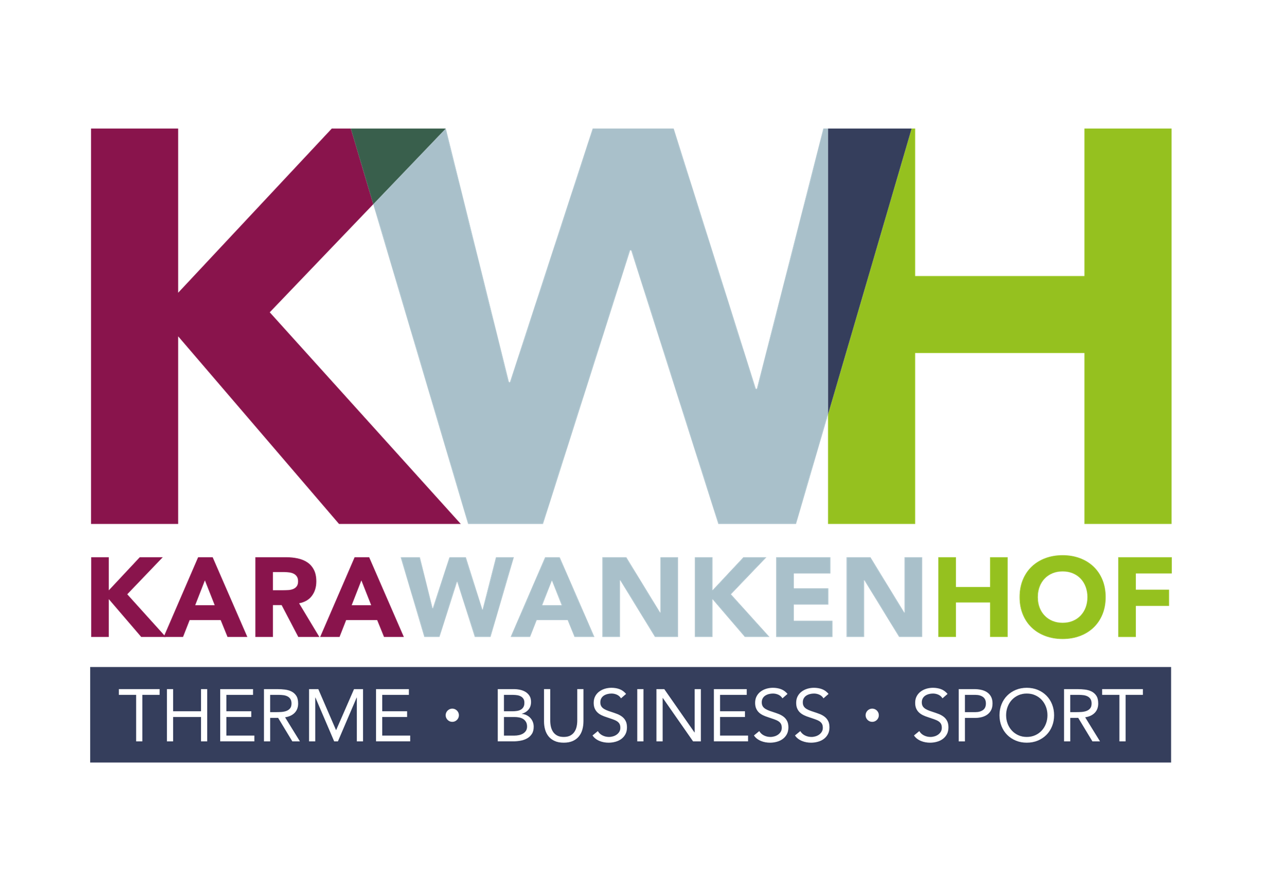 A modern logo for the Karawankenhof. It encompasses the areas of thermal baths, business, and sports.