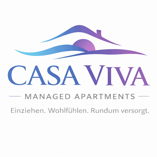 EinLogo von "Casa Viva" für verwaltete Apartments. Der Slogan lautet: "Einziehen. Wohlfühlen. Rundum versorgt."