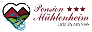 A logo of the Pension Mühlenheim. The design features mountains, water, and a heart symbol, with the slogan "Vacation by the lake".
