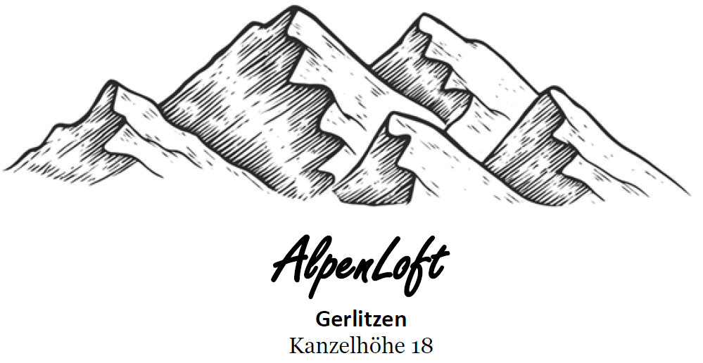 Eine stilisierte Zeichnung von Bergen. Darunter steht "AlpenLoft Gerlitzen Kanzelhöhe 18".