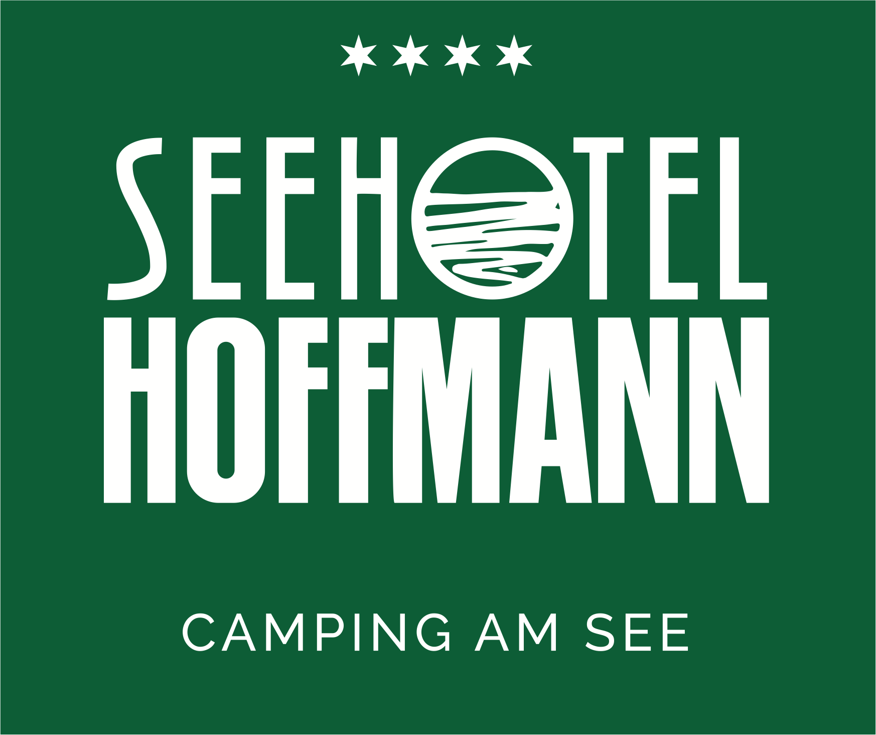 A logo of the Seehotel Hoffmann with the slogan "Camping by the Lake". The colors are green and white, and four stars are depicted.