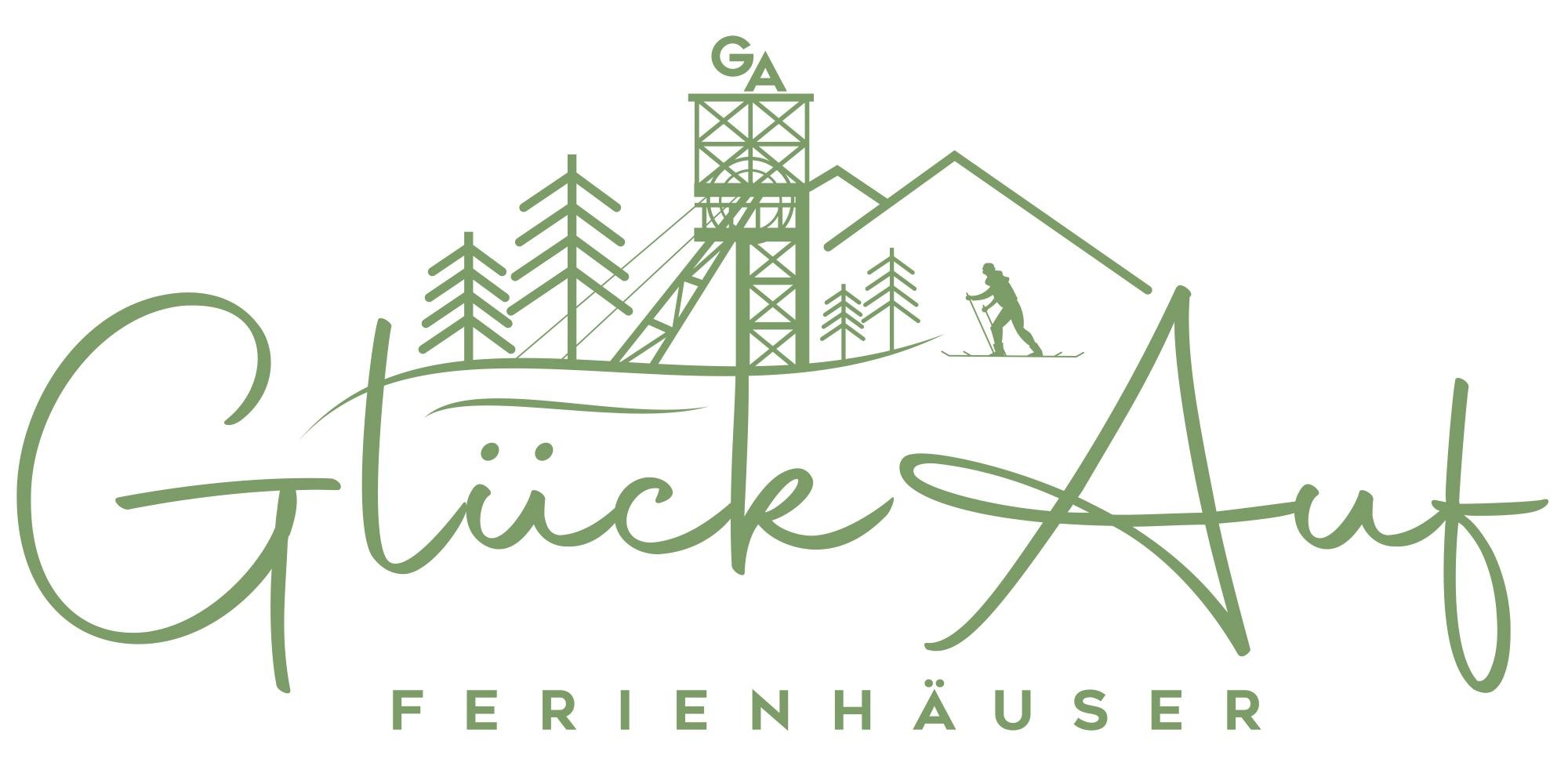 A stylized logo with the inscription "Glück Auf" and the addition "Holiday Homes". In the background, mountains, trees, and a viewing tower can be seen.