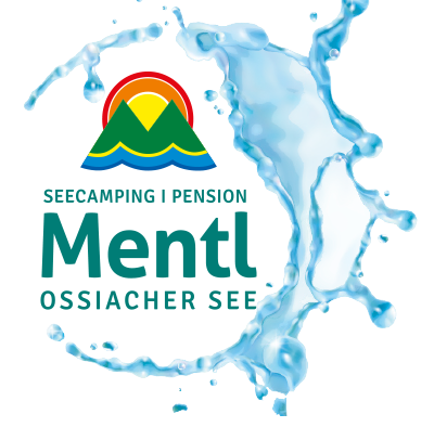 A logo of SeeCamping and Pension Mentl at Lake Ossiach. It features mountain and water elements in vibrant colors.