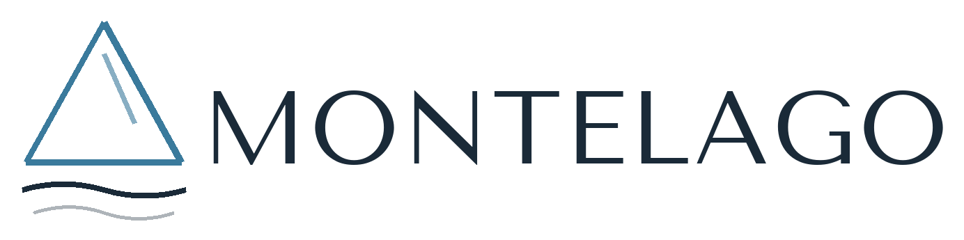 A simple and modern logo featuring a graphic element that represents a mountain and waves. The inscription "MONTELAGO" appears clear and professional.