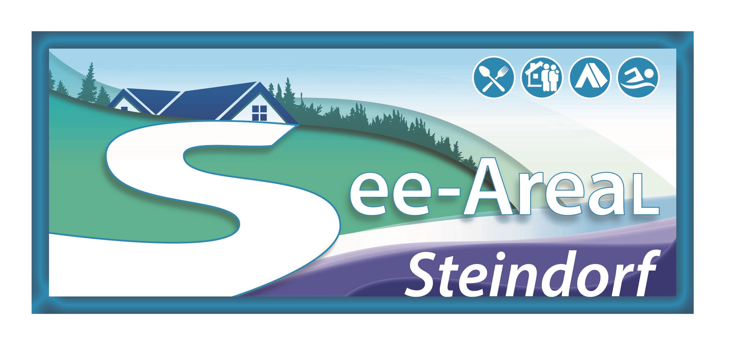 A logo for the Steindorf lake area. It features a landscape depiction with a road layout and symbols for activities.