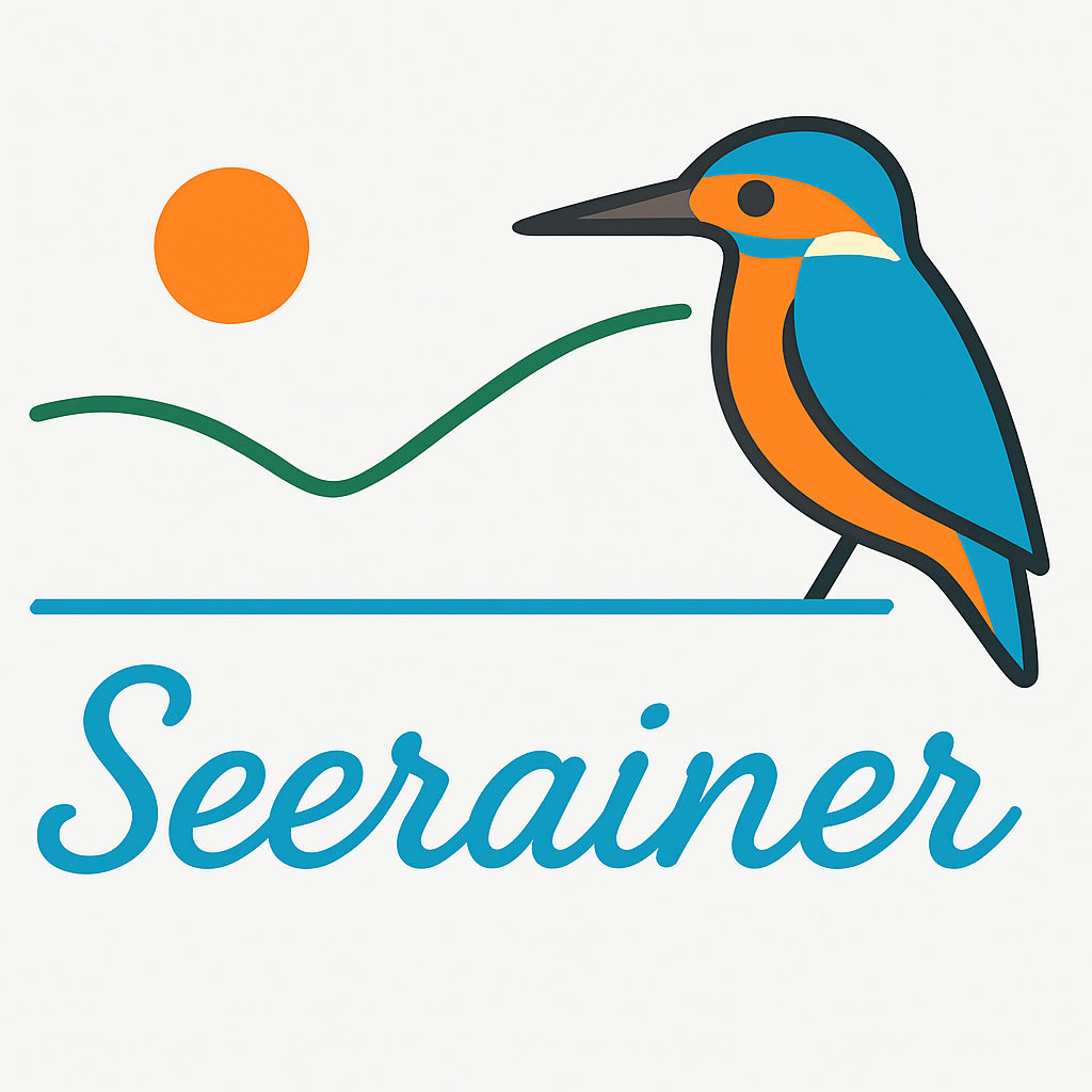 Un re degli pampini stilizzato si trova accanto a un tramonto e dolci colline. Sotto c'è il nome "Seerainer".