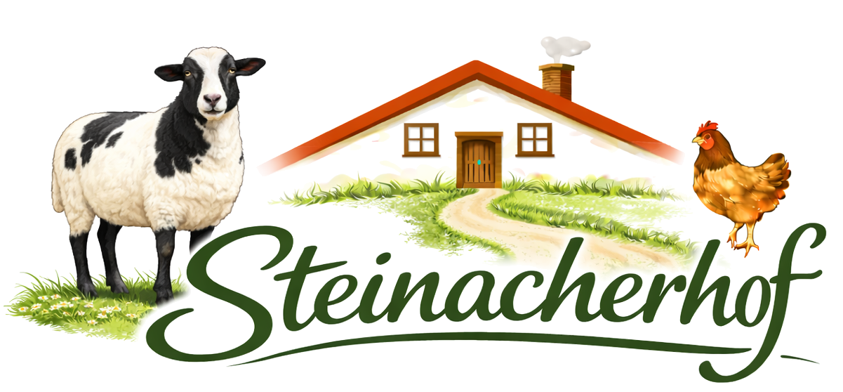 A farm with a sheep, a chicken, and a pretty house. The lettering "Steinacherhof" is clearly visible.