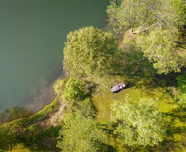 Eine ruhige Flusslandschaft mit üppigem Grün und einzelnen Bäumen. Im Vordergrund sieht man ein Boot am Ufer.