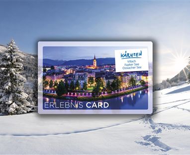 Eine Winterlandschaft mit schneebedeckten Bäumen und Bergen. Im Vordergrund sieht man die Erlebnis Card für Kärnten.