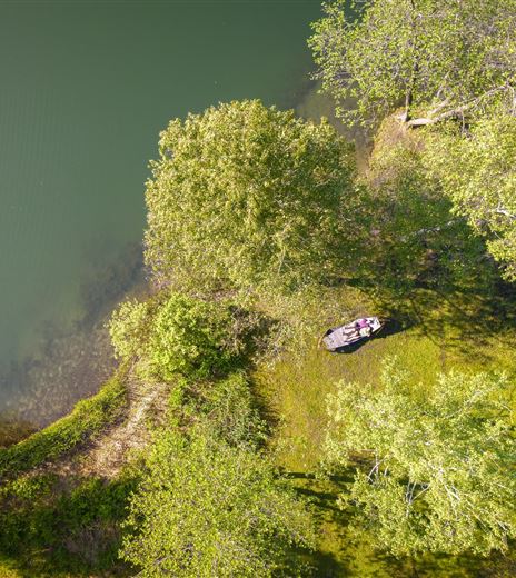 Eine ruhige Flusslandschaft mit üppigem Grün und einzelnen Bäumen. Im Vordergrund sieht man ein Boot am Ufer.