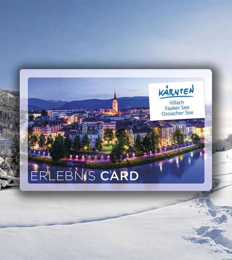 Eine Winterlandschaft mit schneebedeckten Bäumen und Bergen. Im Vordergrund sieht man die Erlebnis Card für Kärnten.
