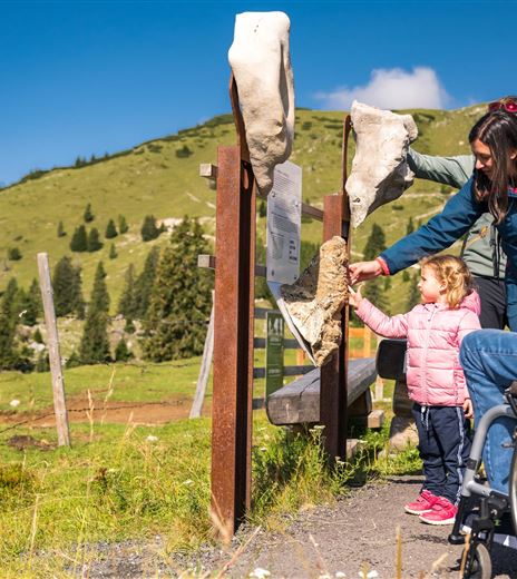 Eine Familie erkundet einen Wanderpfad in den Bergen. Ein kleines Mädchen zeigt auf eine Informationstafel, während ein Erwachsener im Rollstuhl zuschaut.