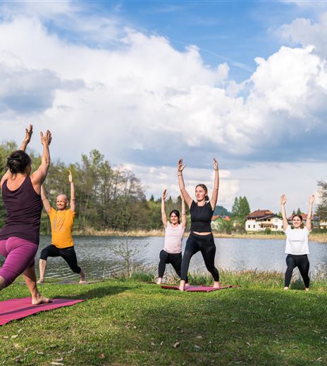 Eine Gruppe von Menschen praktiziert Yoga im Freien am Ufer eines Sees. Der Himmel ist blau mit einigen Wolken und die Umgebung ist grün und einladend.