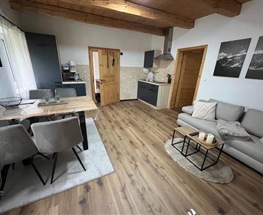 Eine moderne Wohnung mit einem offenen Wohn- und Essbereich. Sie verfügt über eine gemütliche Couch, einen Esstisch und eine moderne Küche.