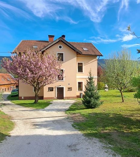 Una bella casa circondata da alberi e piante fiorite. Il cielo è sereno e il paesaggio è verde e accogliente.
