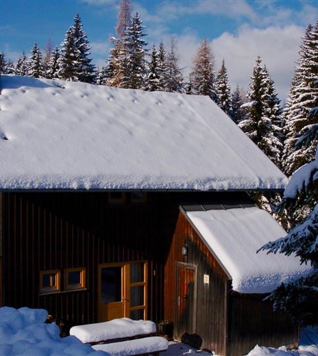 Una accogliente casetta di legno in inverno, circondata da alberi coperti di neve. Il cielo è sereno e il paesaggio è pacifico e pittoresco.