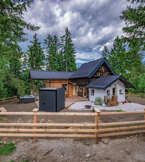 A modern wooden house surrounded by trees and a garden. The area is enclosed with a wooden fence and has an inviting atmosphere.