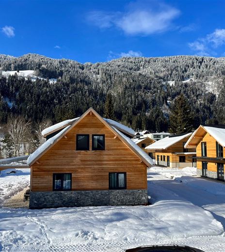 Schöne Holzhäuser in einer verschneiten Landschaft mit Bergen im Hintergrund. Der klare Himmel und die Sonneneinstrahlung sorgen für eine einladende Atmosphäre.