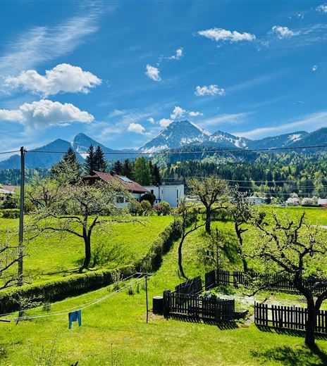 Eine idyllische Landschaft mit grünen Wiesen und blühenden Obstbäumen. Im Hintergrund sind majestätische Berge unter einem klaren blauen Himmel zu sehen.