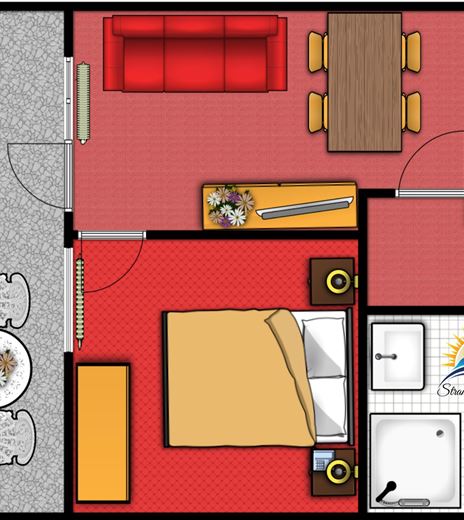 Un semplice disegno planimetrico di un appartamento. Le stanze sono arredate con mobili e una cucina.