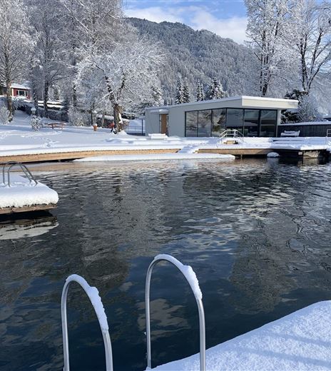 A beautiful winter lake with a snow-covered shore and a modern building in the background. The landscape is peaceful and the trees are covered in snow.