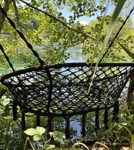A black basket hangs between the trees above the water. The surroundings are green and peaceful with a clear sky.