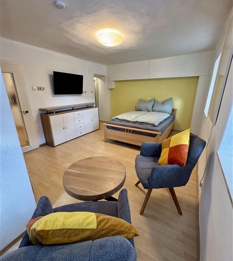 Ein modernes Zimmer mit einem Bett und einem gemütlichen Sitzbereich. Der Raum hat helles Holzfußboden und eine freundliche Farbgestaltung.