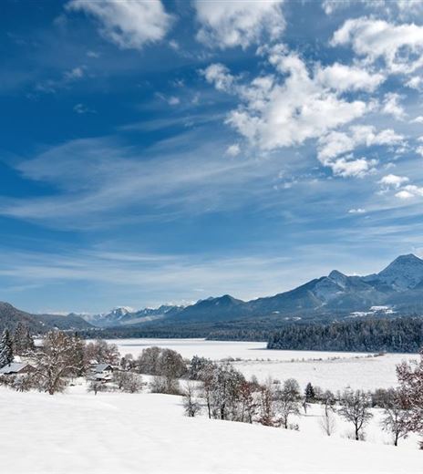 A winter landscape with snow-covered fields and mountains in the background. The sky is clear and blue with some clouds.