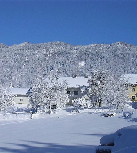 Eine winterliche Landschaft mit schneebedeckten Häusern und Bäumen. Der Himmel ist klar und blau, während die Berge im Hintergrund sichtbar sind.