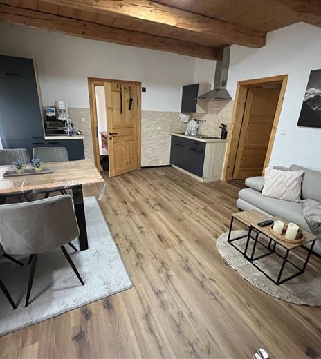 A modern apartment with an open living and dining area. It features a cozy couch, a dining table, and a modern kitchen.